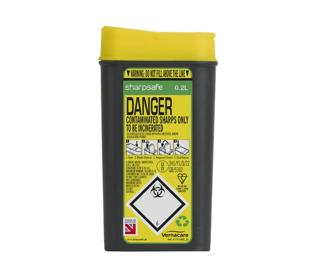 Sharpsafe 0.2L sharps bin with grey main bin and yellow top closure