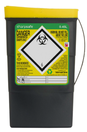 A Grey Sharpsafe 0.45 Litre Bin with Yellow Lid