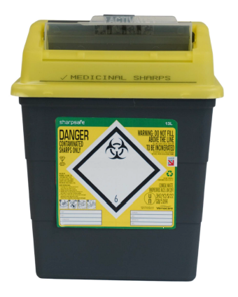 A Grey Sharpsafe 13 Litre Bin with Yellow Lid