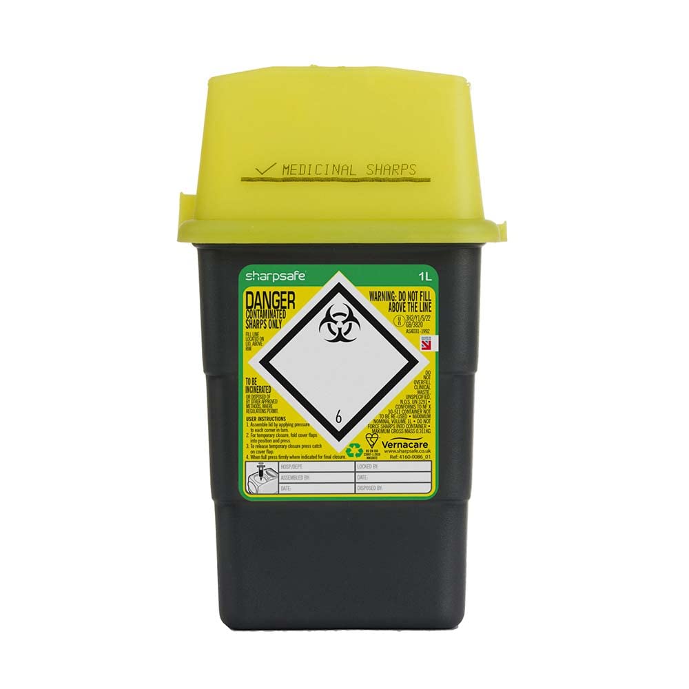 A Grey Sharpsafe 1 Litre Bin with Yellow Lid
