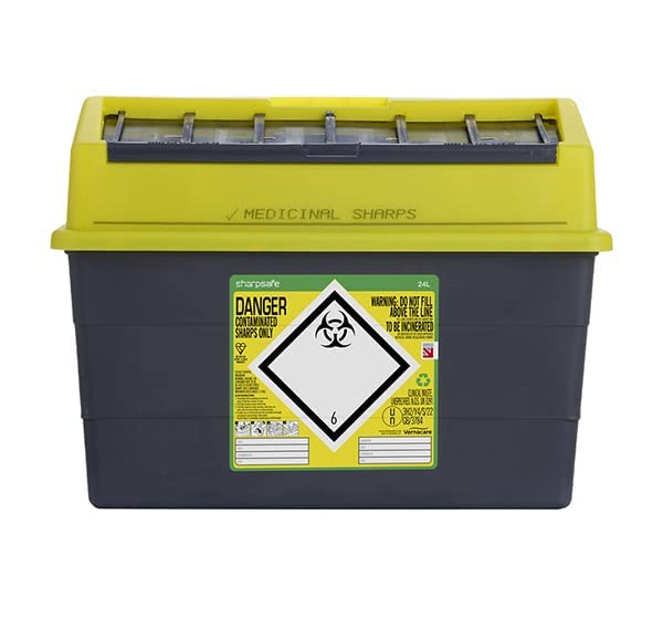 Sharpsafe 24L sharps bin with grey main bin and yellow top closure