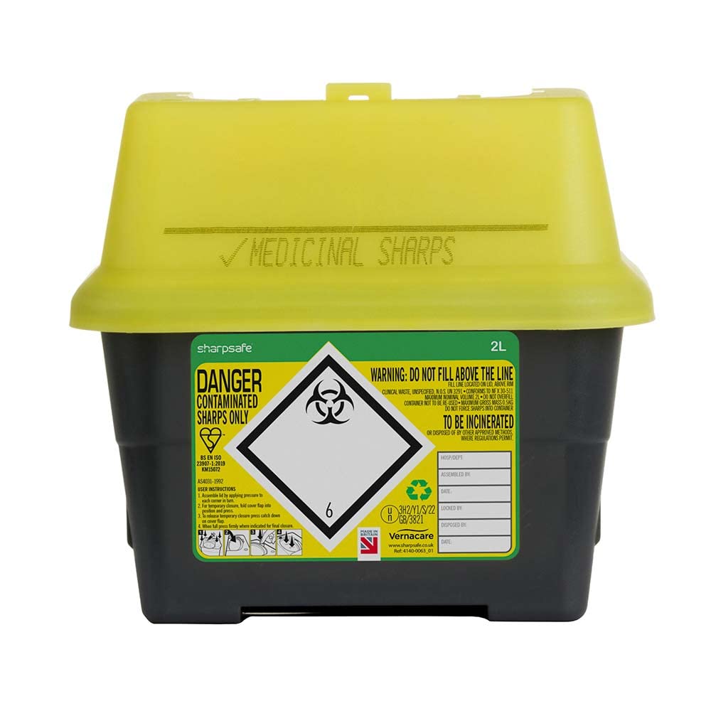 Sharpsafe 2L sharps bin with grey main bin and yellow top closure
