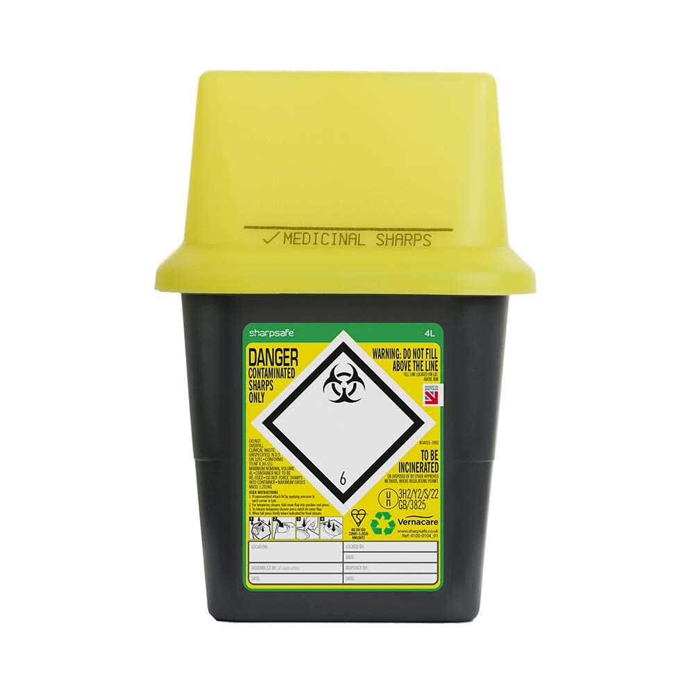 Sharpsafe 4L sharps bin with grey main bin and yellow top closure