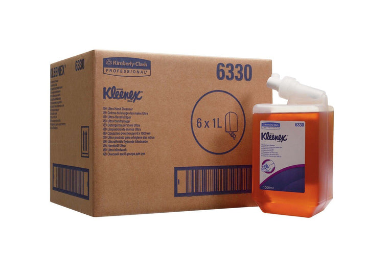 A Brown and Blue Case and Pack of Brown, White and Purple 6330 Kleenex Professional Hand Cleanser