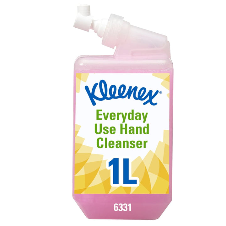 A Yellow, Blue, White and Pink Bottle of 6331 Kleenex Everyday Use Hand Cleaner