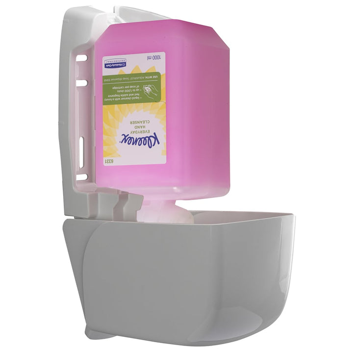 A Single Clear, Green and Yellow Pack of 6331 Pink Kleenex Everyday Hand Cleanser in an Open White Dispenser