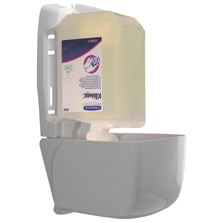 A Single Pack of 6333 Kleenex Hand Cleanser in an Open White Dispenser