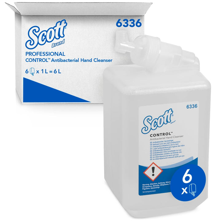 A Single Clear, White and Blue 6336 Scott Control Hand Sanitiser Refill Bottle Next to a Blue and White Case