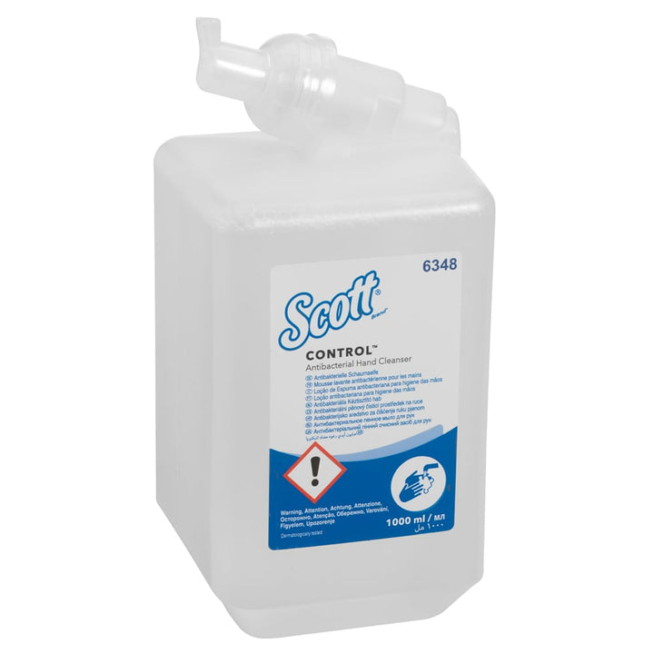 A Single Clear, White and Blue Scott Control 6348 Hand Sanitiser Refill