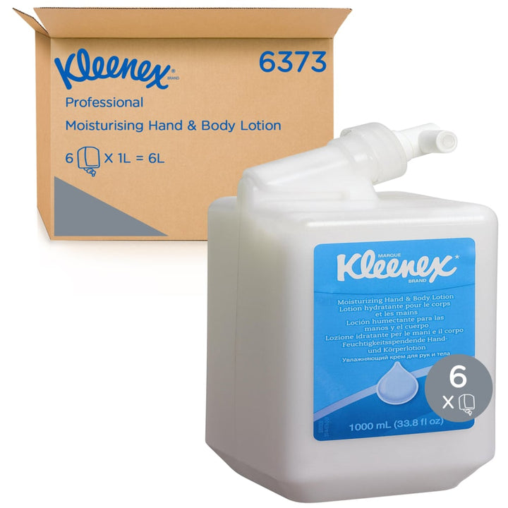 A Single White and Blue Refill Bottle and Brown and Blue Case of Kleenex 6373 Moisturising Hand & Body Lotion