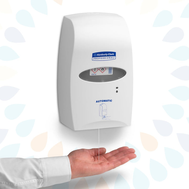 A Person Using an Automatic White and Blue 6383 Hand Sanitiser Dispenser