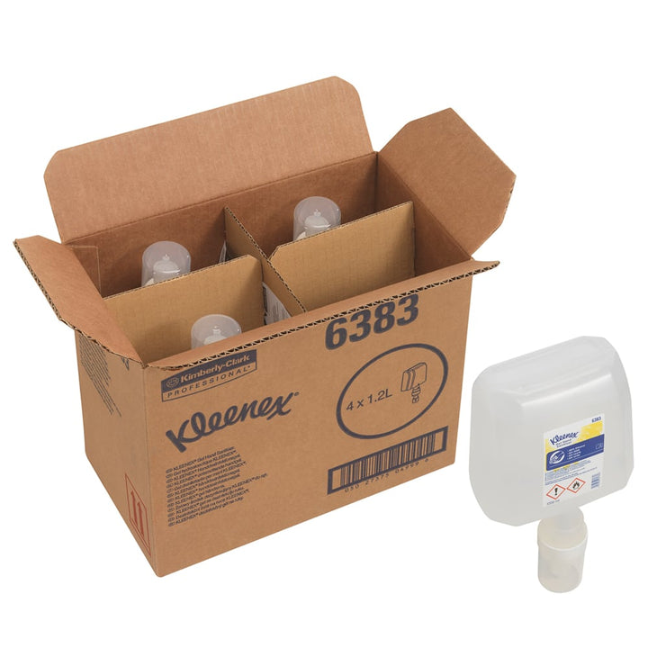 A Single Clear, White, Blue and Yellow 6383 Scott Control Hand Sanitiser Refill Outside of an Open Brown and Blue Case