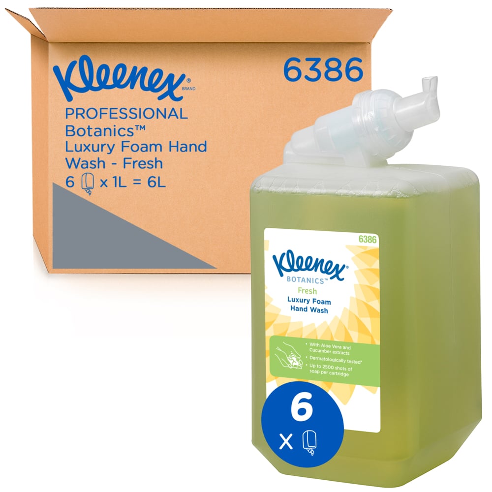 A Green, Yellow, White and Blue Pack and Blue and Brown Case of 6386 Kleenex Botanics Fresh Luxury Foam Hand Wash