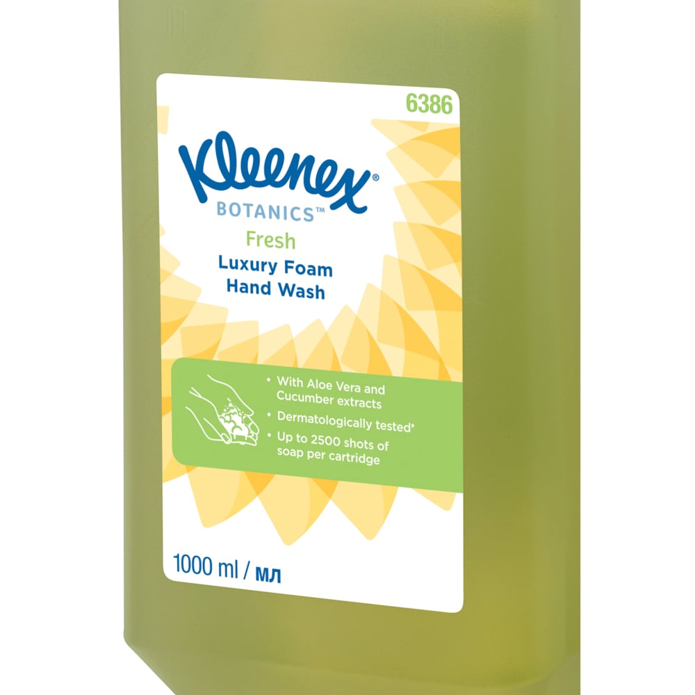 A Closeup of a Green, Yellow, White and Blue Pack of 6386 Kleenex Botanics Fresh Luxury Foam Hand Wash