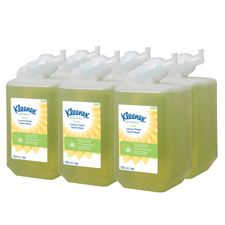 A Stack of Six Green, White, Blue and Yellow Packs of 6386 Kleenex Botanics Fresh Luxury Foam Hand Wash