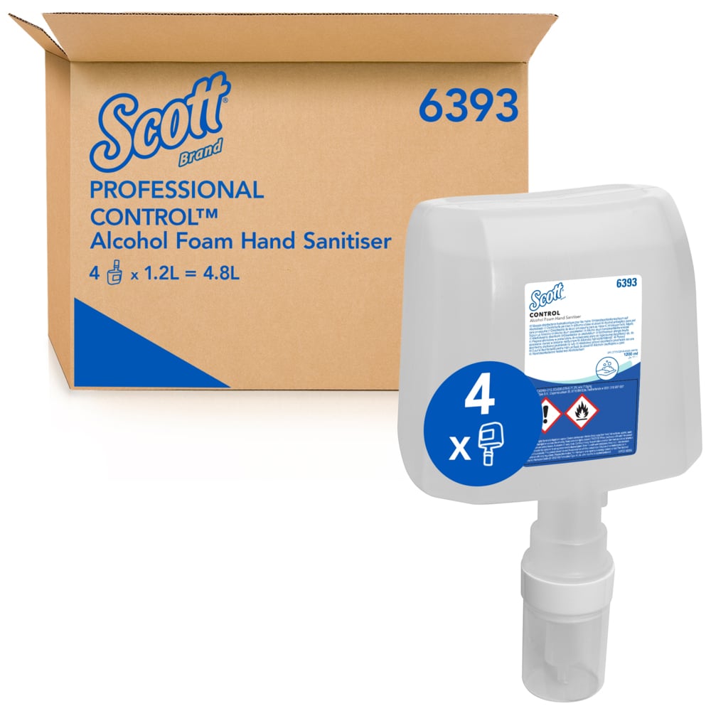 A Single Blue and Clear 6393 Scott Alcohol Foam Hand Sanitiser Refill Next to a Brown and Blue Case