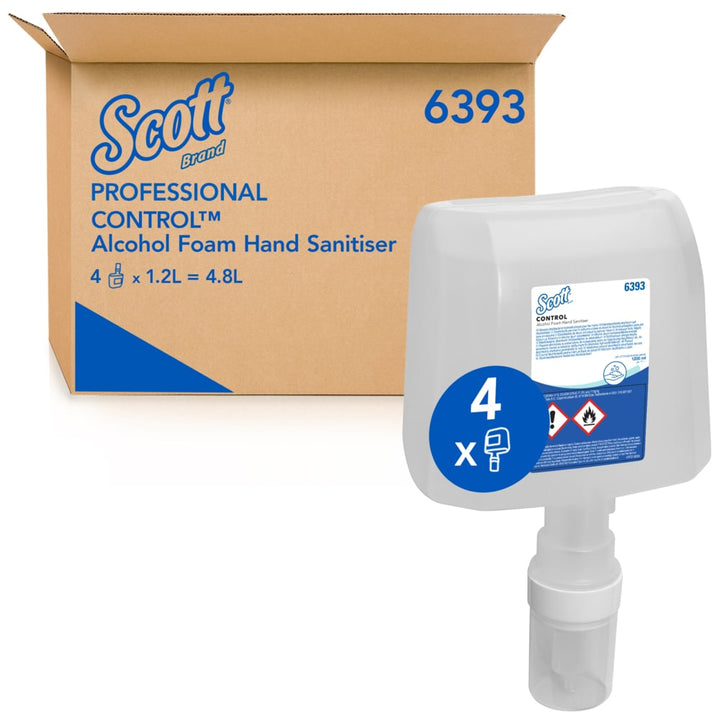 A Single Blue and Clear 6393 Scott Alcohol Foam Hand Sanitiser Refill Next to a Brown and Blue Case
