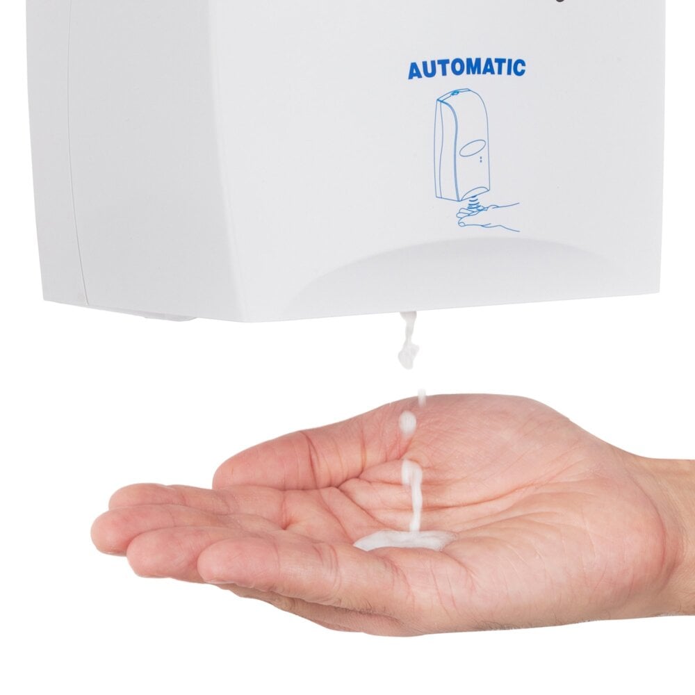 A Person Using a White and Blue Kimberly-Clark 6393 Automatic Hand Sanitiser Dispenser