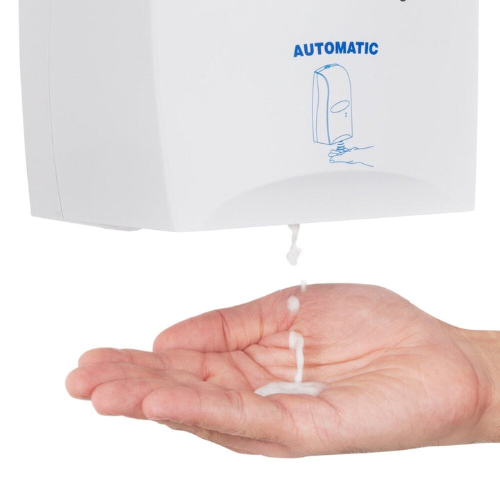 A Person Using a White and Blue Kimberly-Clark 6393 Automatic Hand Sanitiser Dispenser