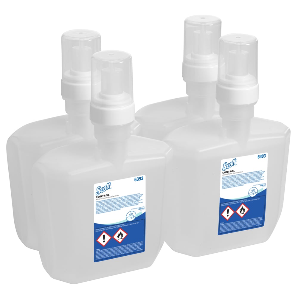 A Stack of Four Clear, White and Blue 6393 Scott Alcohol Foam Hand Sanitiser Refills