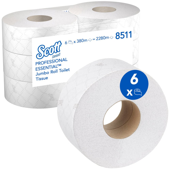 A White and Blue Packaged Case of Six White 8511 Scott Paper Toilet Paper Rolls