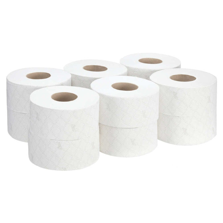 A Stack of 12 White 8512 Paper Toilet Rolls