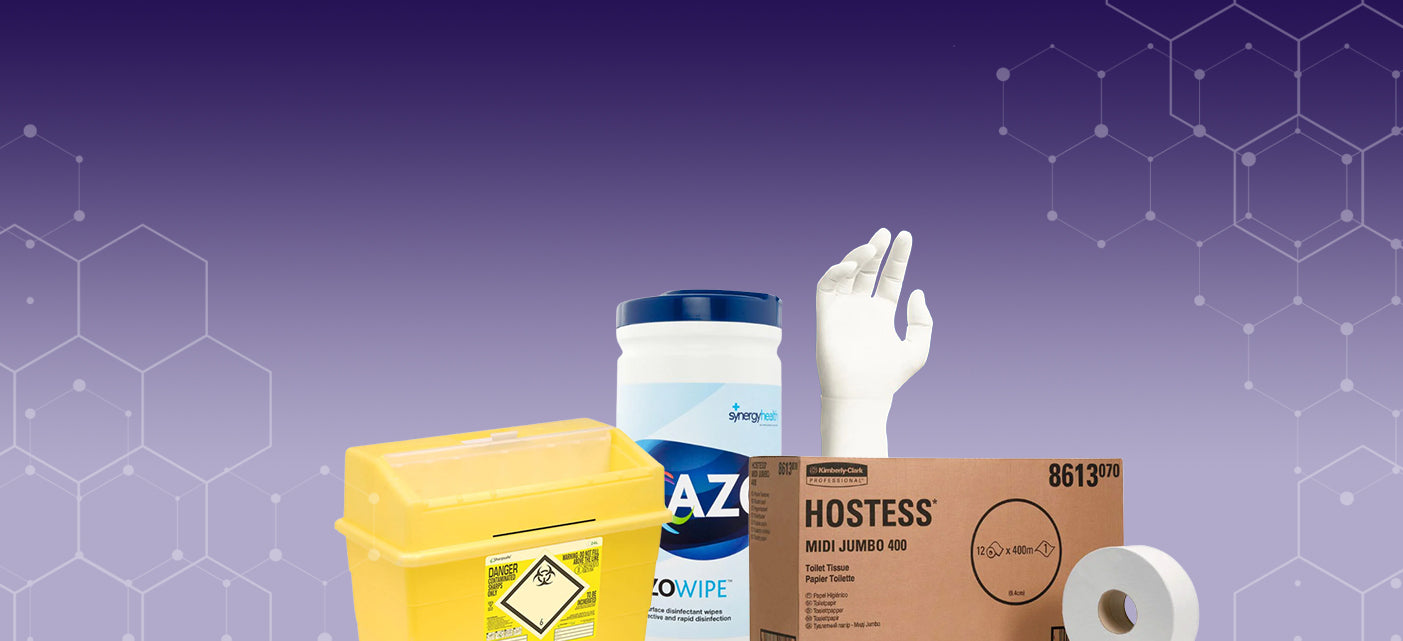A Sharps Bin, Case of Hostess Midi Jumbo Toilet Tissue, Tub of Azowipes, White Tape and White Gloves on a Purple Background