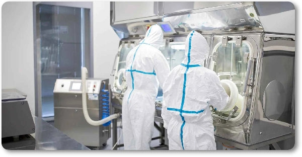 Two People in White and Blue Hooded Coveralls Using Gauntlets in a Lab