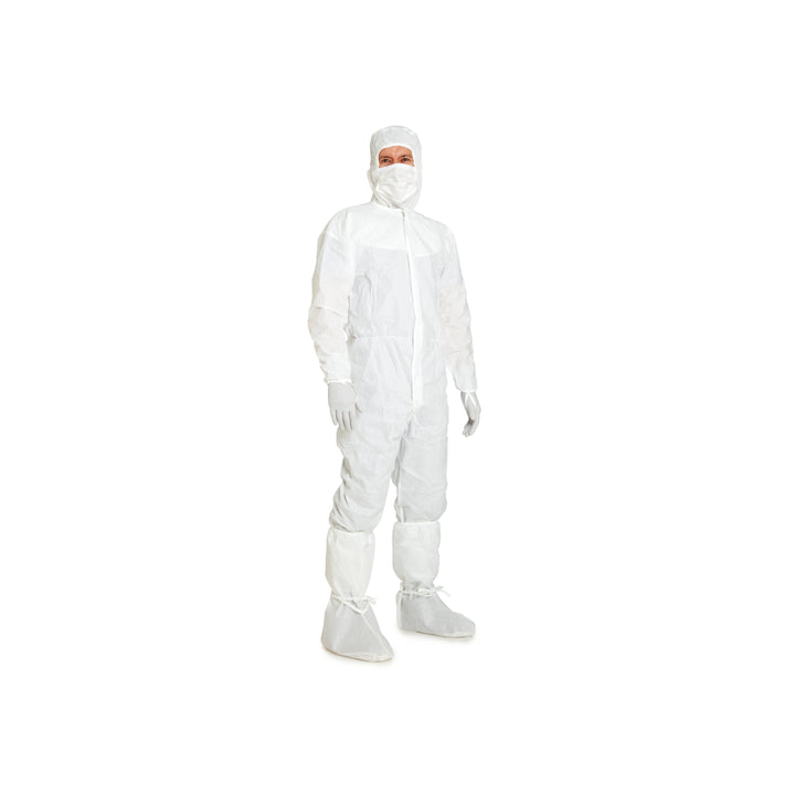 A Man Wearing a White Hooded Coverall, Gloves and White 12922 KIMTECH* A5 Sterile Boots - Vinyl Sole - Sentinel Laboratories Ltd