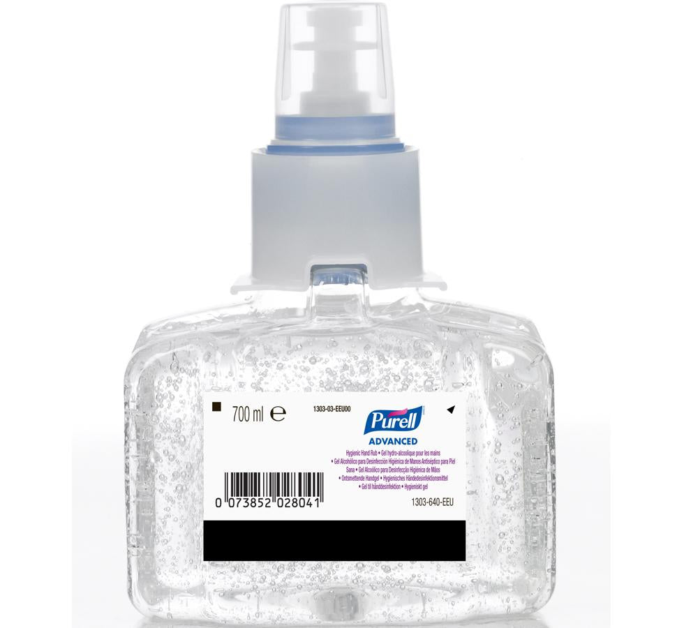 Clear Container of 1303-03 PURELL® Advanced Hand Rub, LTX™ 700ml Refill - White, Blue, Black and Pink Label Branding with Grey and Clear Top - Sentinel Laboratories Ltd