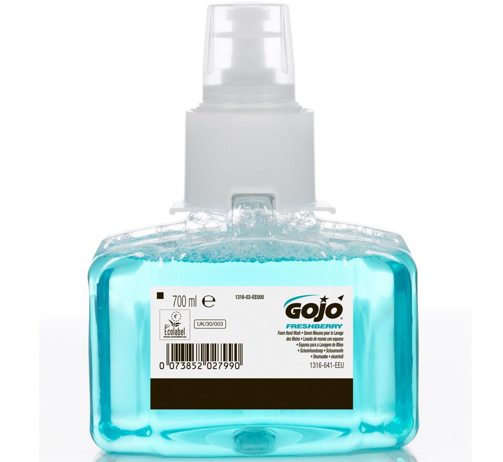 Light Blue Colour, Clear Container 1316-03 GOJO® Freshberry Foam Handwash, LTX™ 700ml Refill - White, Blue and Black Label - Sentinel Laboratories Ltd