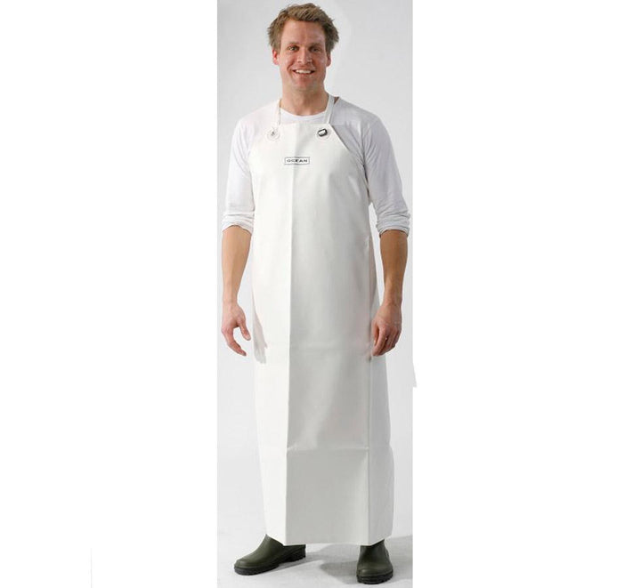 A Man Wearing a White Ocean Industrial Apron with White T-Shirt and Dark Olive Boots - Sentinel Laboratories Ltd