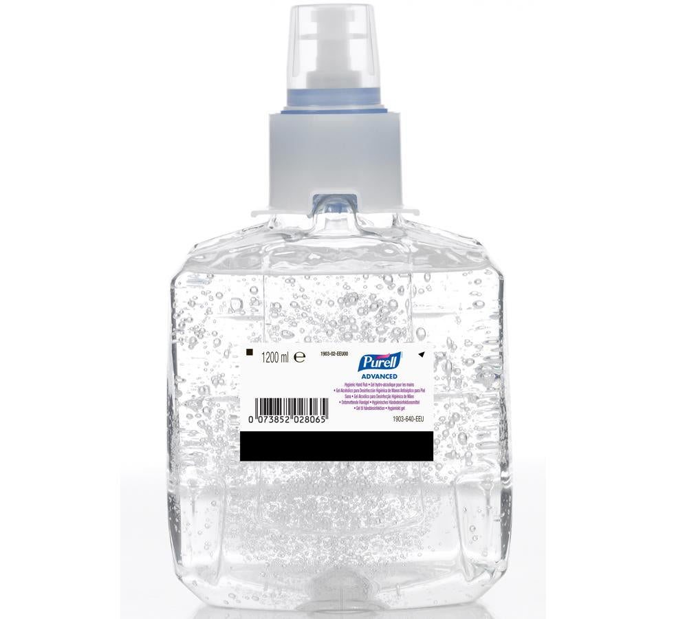 Clear Container of 1903-02 PURELL® Advanced Hand Rub, LTX™ 1200ml Refill - White, Pink, Black and Blue Label, Grey Cap - Sentinel Laboratories Ltd