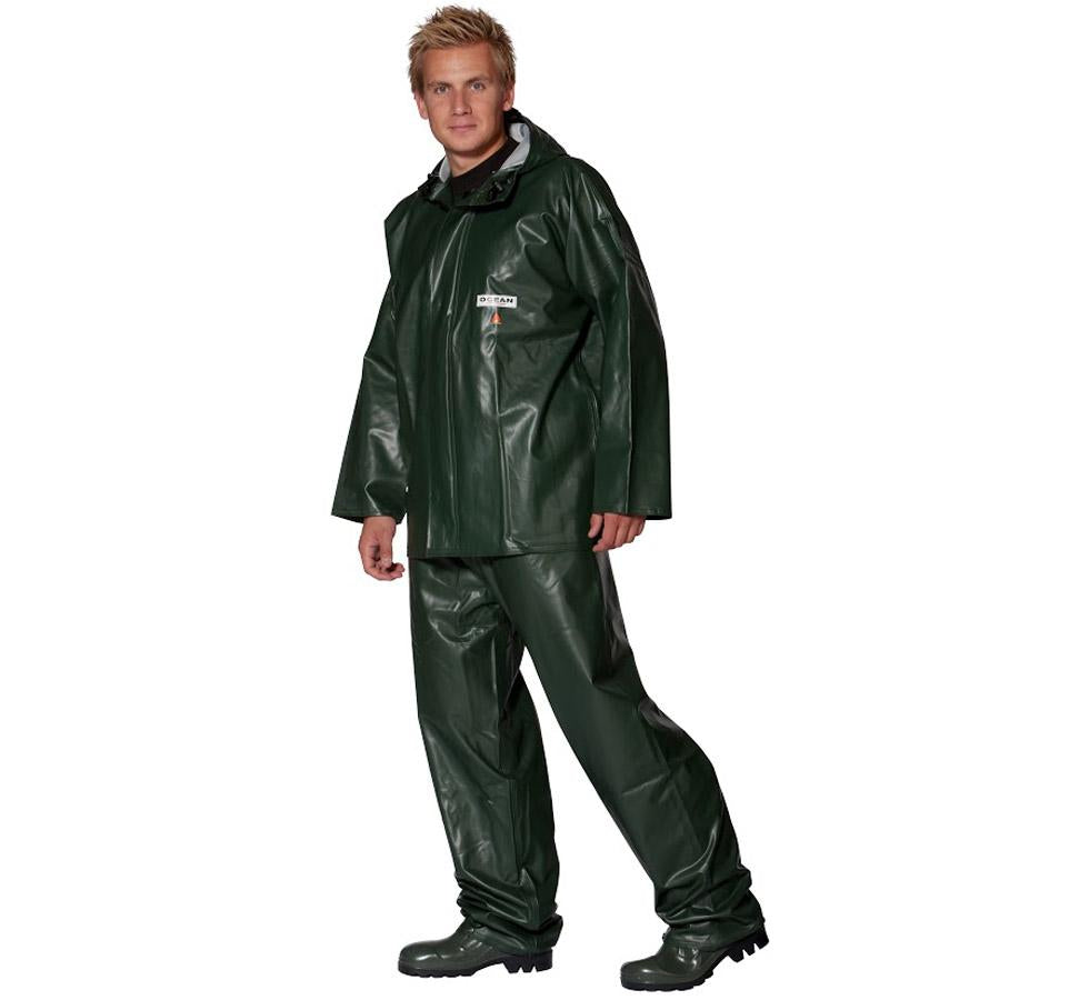 A Man Wearing an Olive Ocean Off-Shore Jacket with Olive Trousers and Boots - Sentinel Laboratories Ltd