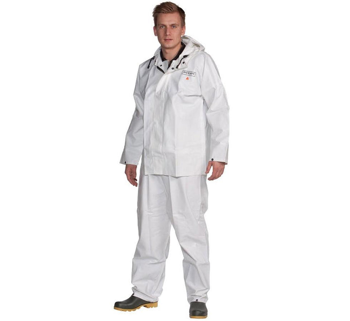 A Man Wearing a White Ocean Off-Shore Jacket with White Trousers and Olive Boots - Sentinel Laboratories Ltd