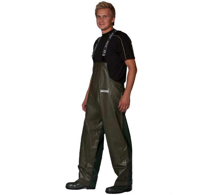 Man Wearing Olive Ocean Forest Bib & Brace Trousers (without knee reinforcement) and Black T-Shirt - Sentinel Laboratories Ltd