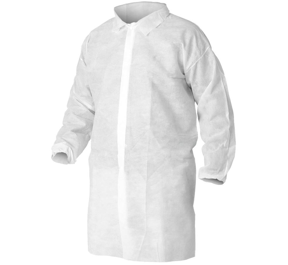 White Buttoned KLEENGUARD* A10 Light Duty Visitor Coat - White Background - Sentinel Laboratories Ltd