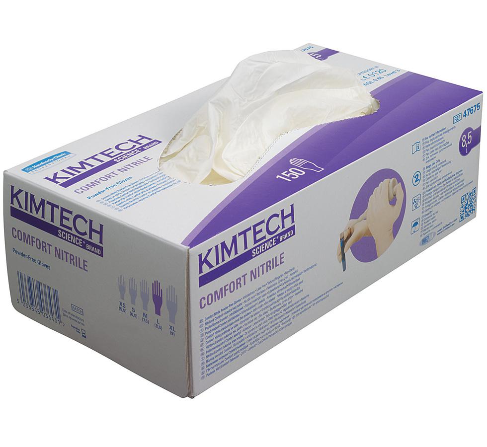 An Open White, Purple and Blue Box of KIMTECH SCIENCE* COMFORT White Nitrile Gloves - 47672 - Sentinel Laboratories Ltd