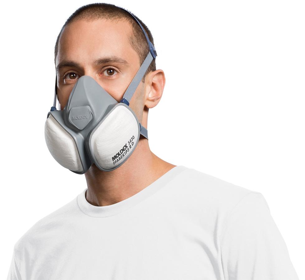 A Man Wearing a White and Grey Moldex Compact Mask in a White T-Shirt - Sentinel Laboratories Ltd