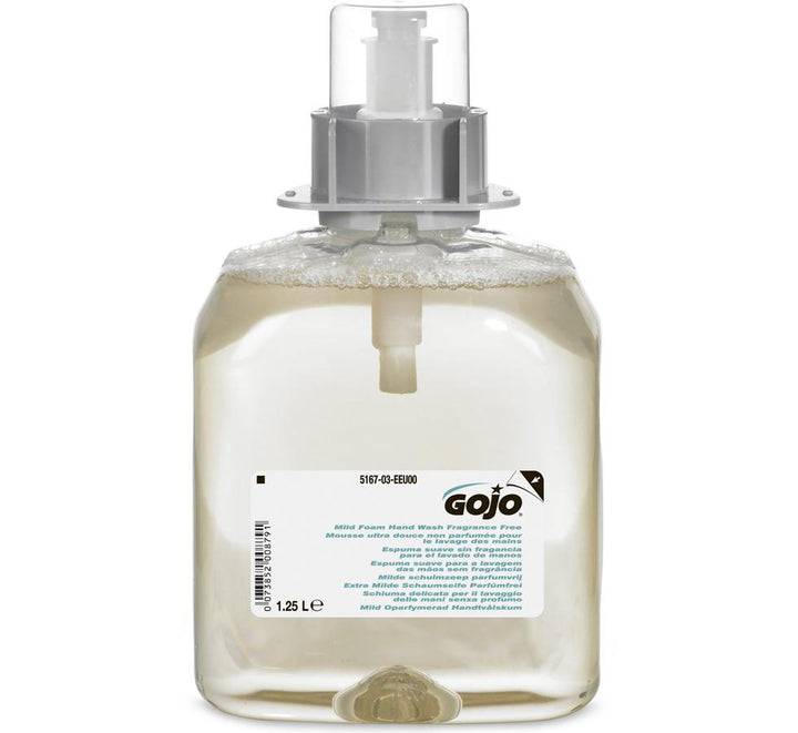 Tan Coloured Container of 5167-03 GOJO® Mild Foam Handwash Fragrance Free, FMX™ 1250ml Refill - White, Blue and Black Label, Grey Cap - Sentinel Laboratories Ltd