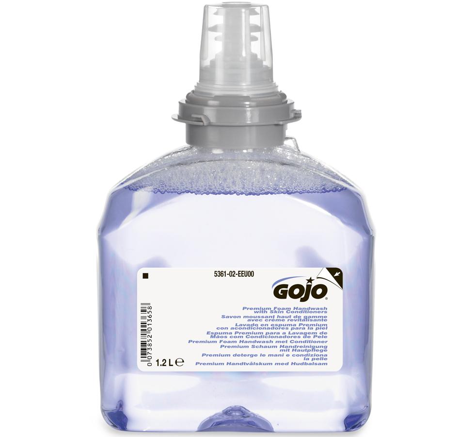 Clear Purple Container of 5361-02 GOJO® Premium Foam Handwash with Skin Conditioner, TFX™ 1200ml Refill - White, Blue and Black Branding Label, Clear and Grey Top - Sentinel Laboratories Ltd
