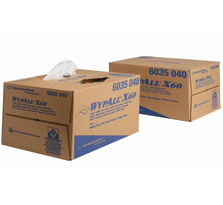 Open 6035 WYPALL* X60 Cloths, BRAG* Box - White - Brown Cardboard and Blue Text - Sentinel Laboratories Ltd