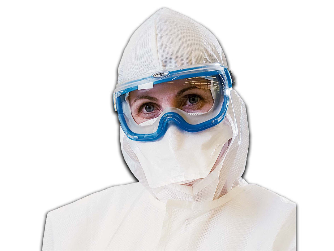 A Woman Wearing a White 62484 KIMTECH* M3 Non-Sterile Pouch Style Face Mask with Blue Goggles and White Hooded Coverall - Sentinel Laboratories Ltd