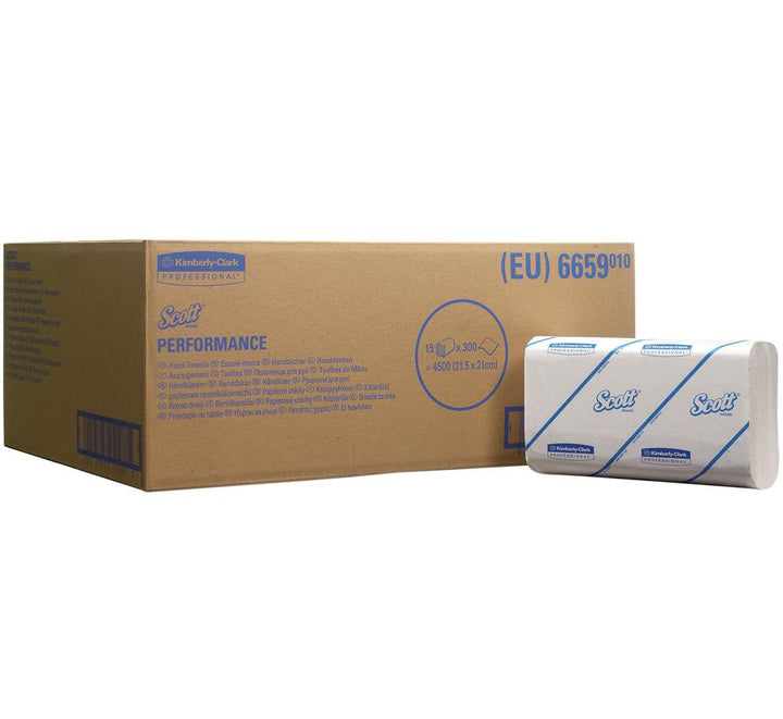 Box of White 6659 SCOTT® PERFORMANCE Hand Towels, Interfolded/Small - Brown and Blue Box Design - Sentinel Laboratories Ltd