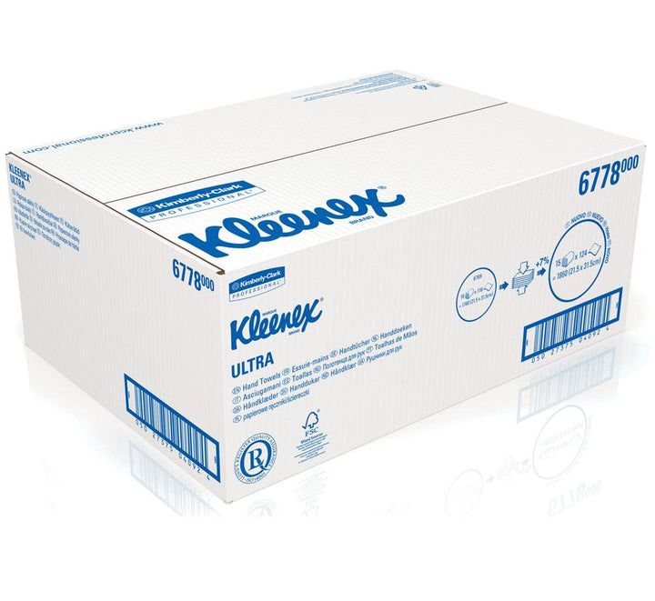 Box of White 6778 KLEENEX® ULTRA Hand Towels, Folded/Medium - White and Blue Design Box - Sentinel Laboratories Ltd
