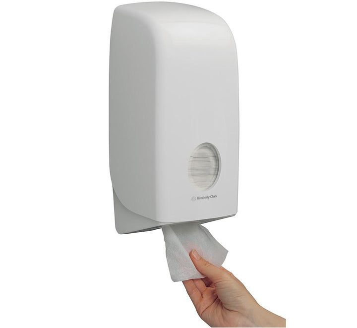Person using 6946 AQUARIUS* Toilet Tissue Dispenser, Folded - White - Sentinel Laboratories Ltd