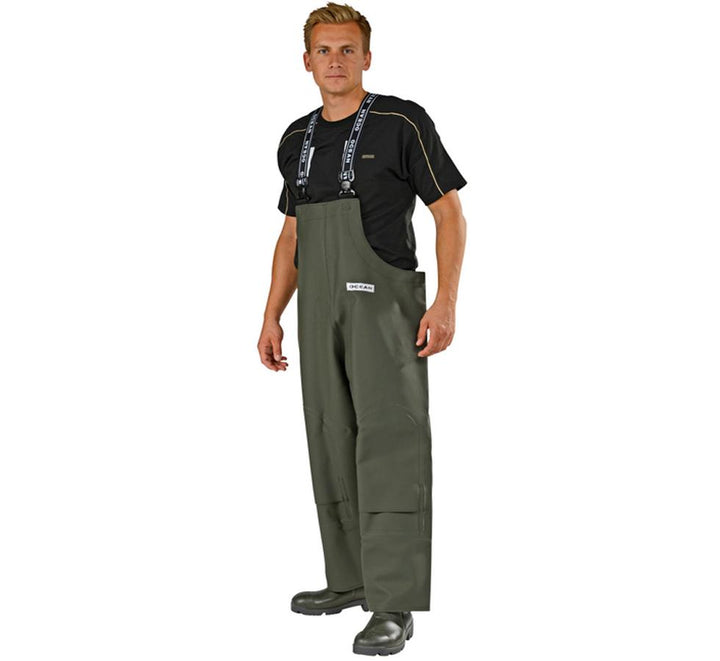 Man Wearing Olive Ocean Heavy Duty Bib & Brace Trouser and Boots with Black T-shirt - Sentinel Laboratories Ltd