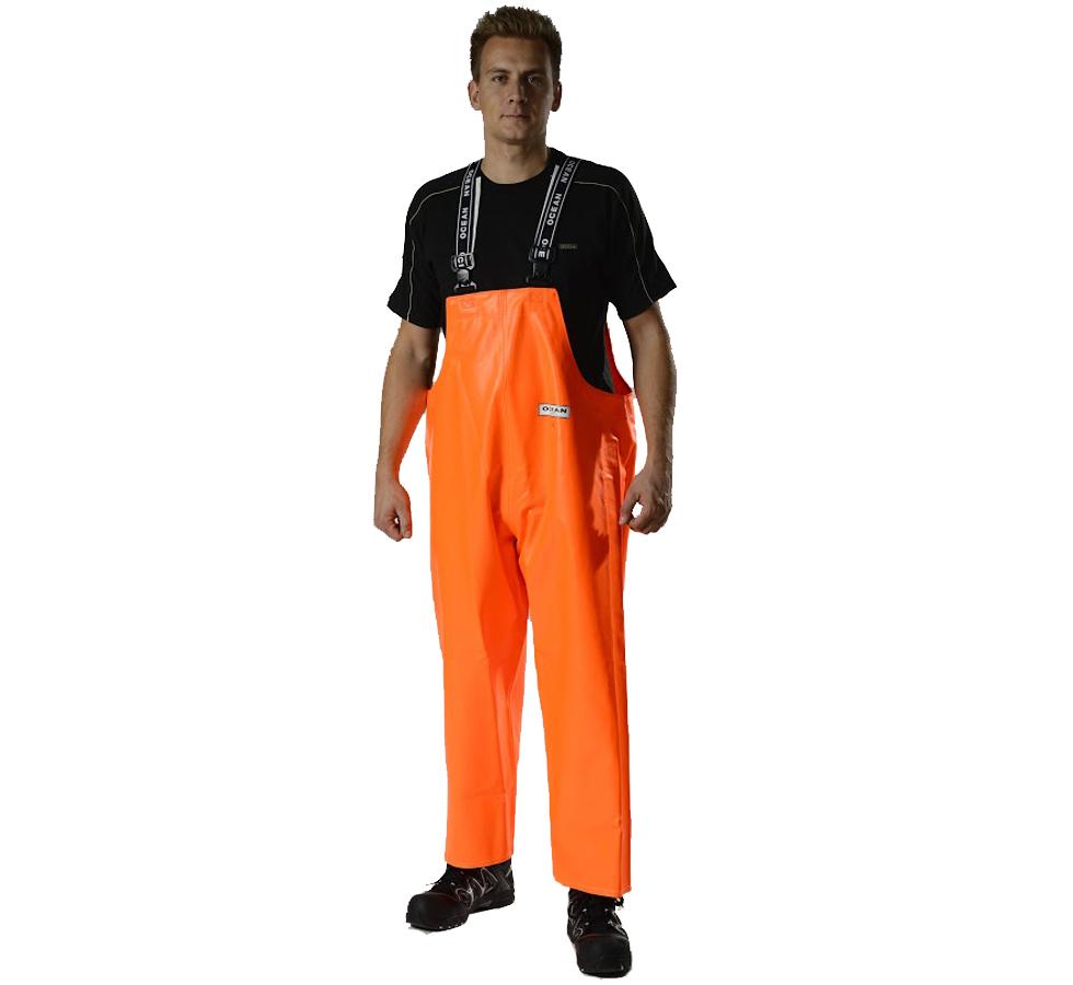 A Man Wearing a Fluorescent Orange Ocean Heavy Duty Bib & Brace Trouser with Black T-Shirt - Sentinel Laboratories Ltd