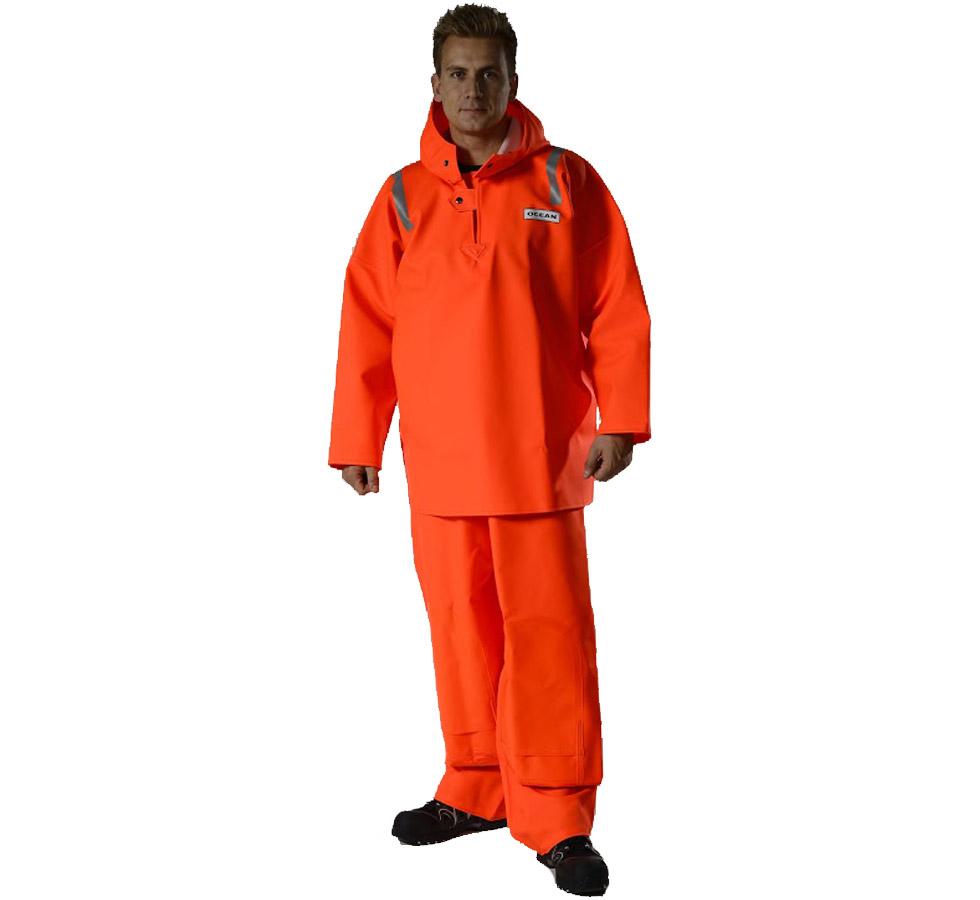 Man Wearing a Fluorescent Orange Ocean Heavy Duty Hooded Smock with Trousers - Sentinel Laboratories Ltd