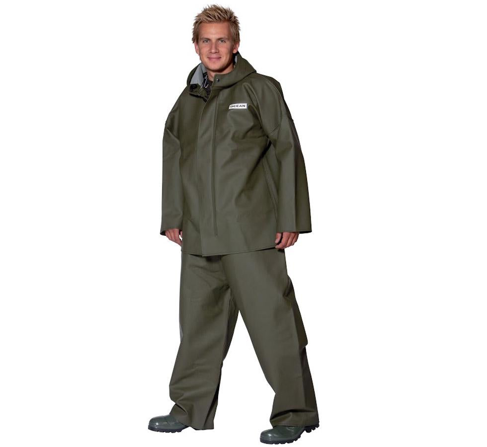 Man Wearing Olive Ocean Heavy Duty Jacket and Trousers with Olive Boots - Sentinel Laboratories Ltd